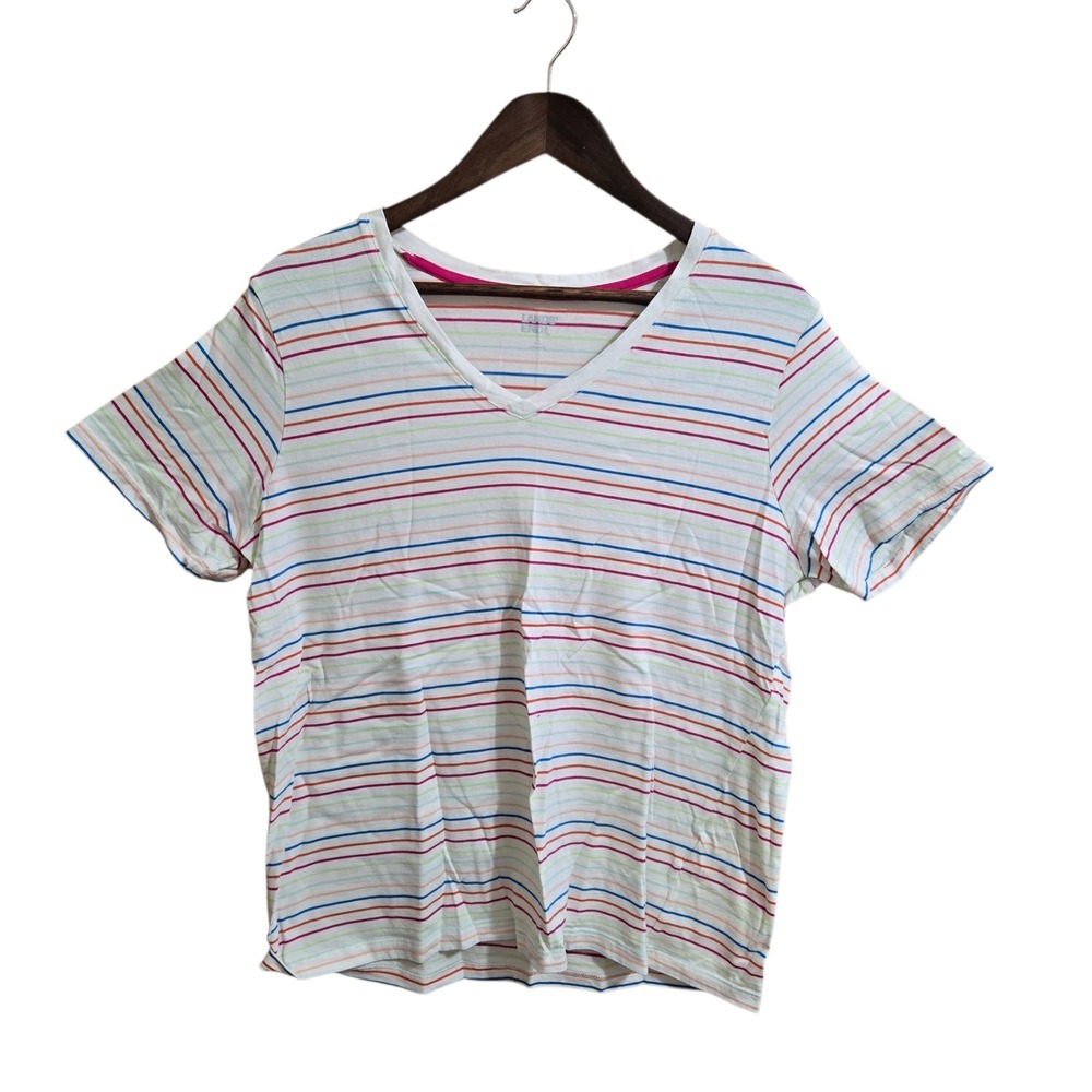 Lands End Womens V-Neck T-Shirt White Multi Color Striped Cotton Large 14-16